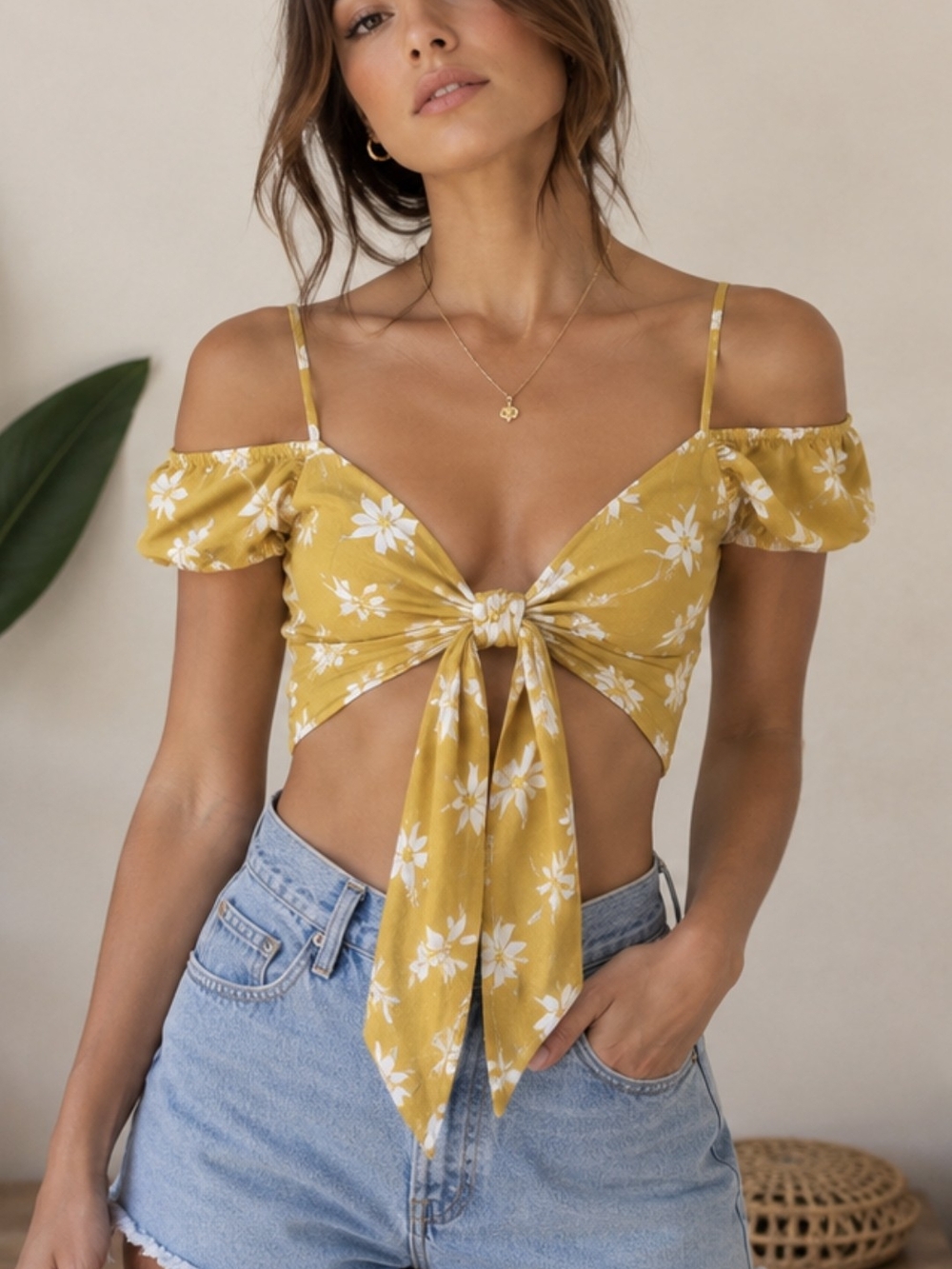 Billabong Mustard Yellow Floral Tie-Front Crop Top
